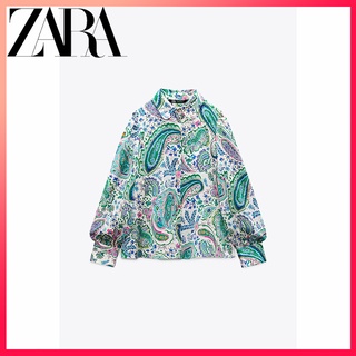 Zara ใหม่ เสื้อเชิ้ต แขนยาว คอปก พิมพ์ลาย กระดุมแถวเดียว สีเขียว สไตล์เรโทร