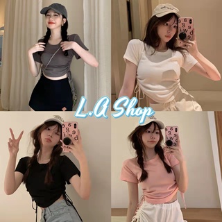 L.A Shop ​พร้อมส่ง   เสื้อไหมพรมแขนสั้น คอกลม ดีเทล ลายรูดปรับสั้นยาวได้2ข้าง "6A302"