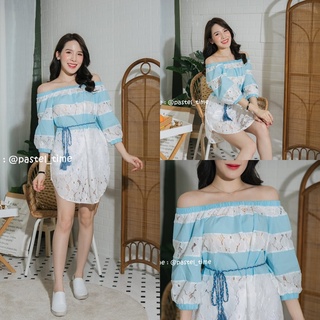 Blue &amp; White open shoulder blouse พร้อมเชือกผูกเอว