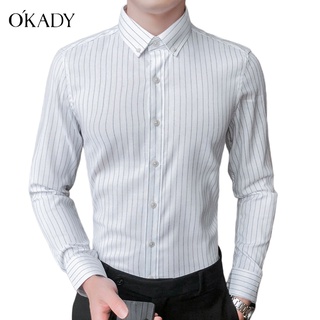 OKADY เสื้อเชิ้ตแขนยาวผู้ชายเกาหลีบางธุรกิจเสื้อเชิ้ตลำลองแฟชั่นปกลายสีทึบ Bottoming เสื้อแขนยาว