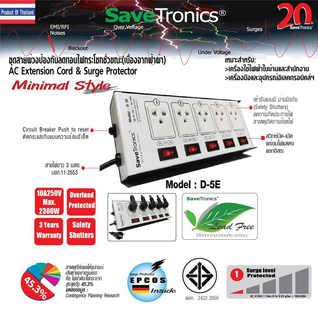 SaveTronics : ปลั๊กไฟป้องกันลดทอนไฟกระโชกชั่วขณะ(เนื่องจากฟ้าผ่า) รุ่น D-5E – โปรปัง