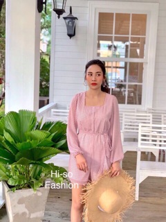 Pastel cute jumpsuit 👗 จั๊มสูทขาสั้น คอเหลี่ยมแขนยาว ผ้าชีฟองทรายพิมพ์ลายสก๊อต