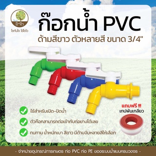 **แถมฟรี  เทปพันเกลียว** ก๊อกน้ำ PVC ด้ามสีขาว ตัวหลายสี เขียว แดง น้ำเงิน เหลือง ขนาด 3/4" - โตไว