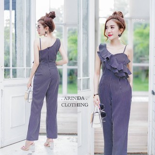 Jumpsuit จั๊มสูทสายเดี่ยวขายาวลายริ้วแต่งระบายเฉียง|ชุดทำงานผู้หญิง|ชุดออกงาน