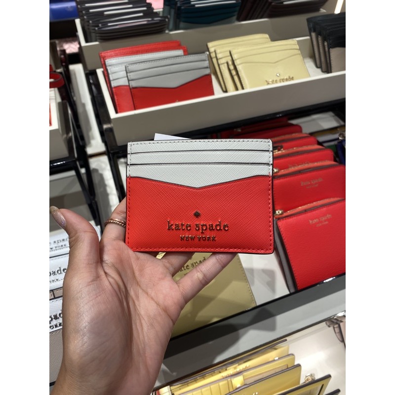 แท้💯% กระเป๋าใส่บัตร Kate spade 🧡 พร้อมส่ง สีส้ม สีแดง สีครีม สีขาว กระเป๋าสตางค์ หนัง card holder กระเป๋าสตางค์