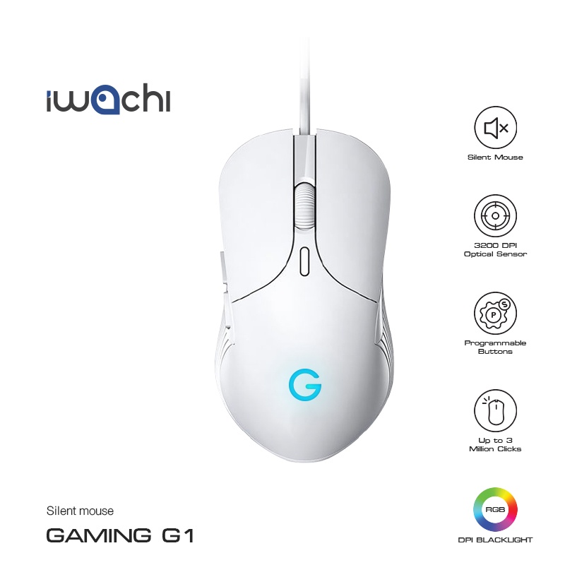 เมาส์ IWACHI G1 สำหรับเกมมิ่ง มีสายปุ่มกดไร้เสียง ระบบออปติคอล DPI 800/1600/2400/3200 (ตั้งค่าได้)