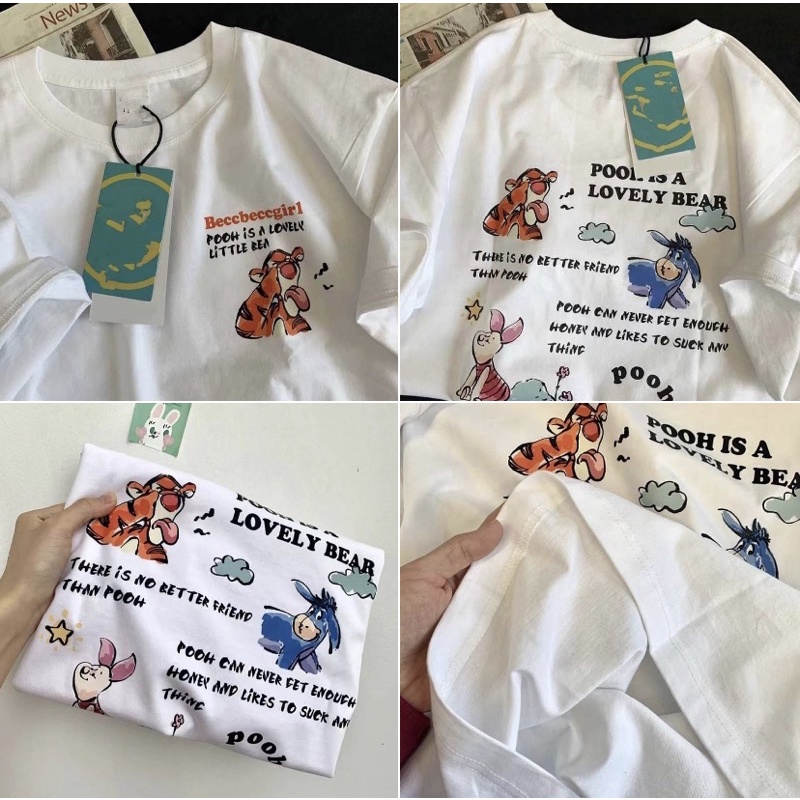 เสื้อคอกลม -̆̈ เสื้อยืดพิมพ์ลาย Pooh and the Gang / Tiger Just Keep Smile พิมพ์ลายหน้าหลัง ผ้า Cotton
