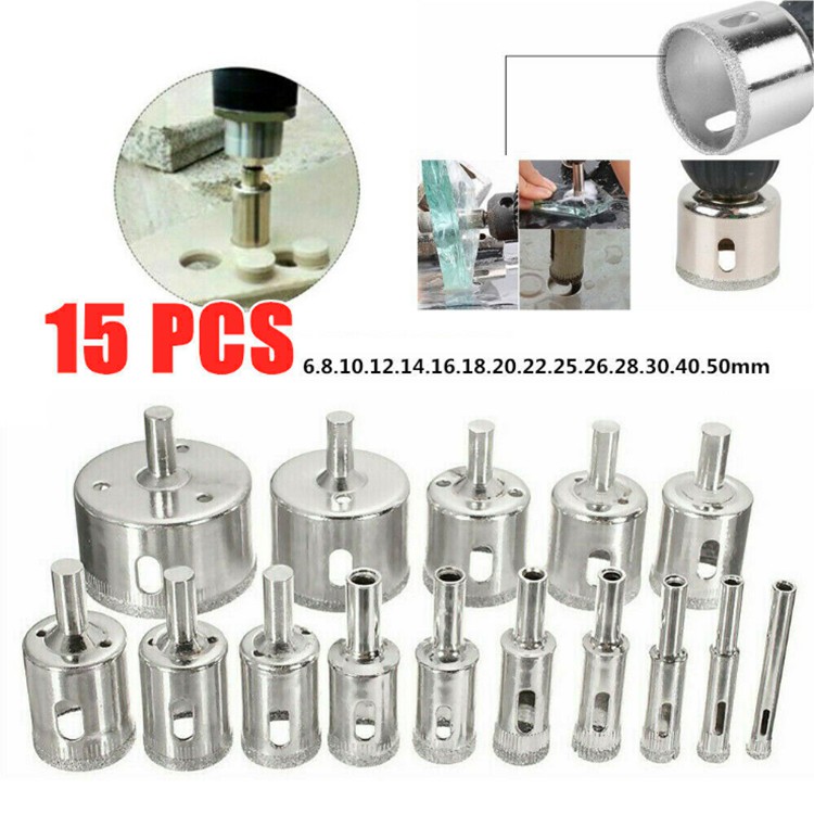 15PCS. ดอกเจาะกระจก กระเบื้อง หินแกรนิต ชุด15ดอก 6-50มิล โฮลซอ สว่าน หัวเพชร