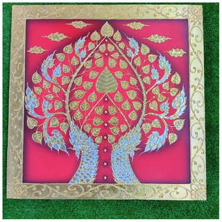 ภาพวาด ภาพวาดสีน้ำ 60x60cm ผ้าใบ พื้นแดง รูป ต้นโพธิ์ ต้นโพธิ์ทอง ภาพ ภาพมงคล โพธิ์ painting canvas