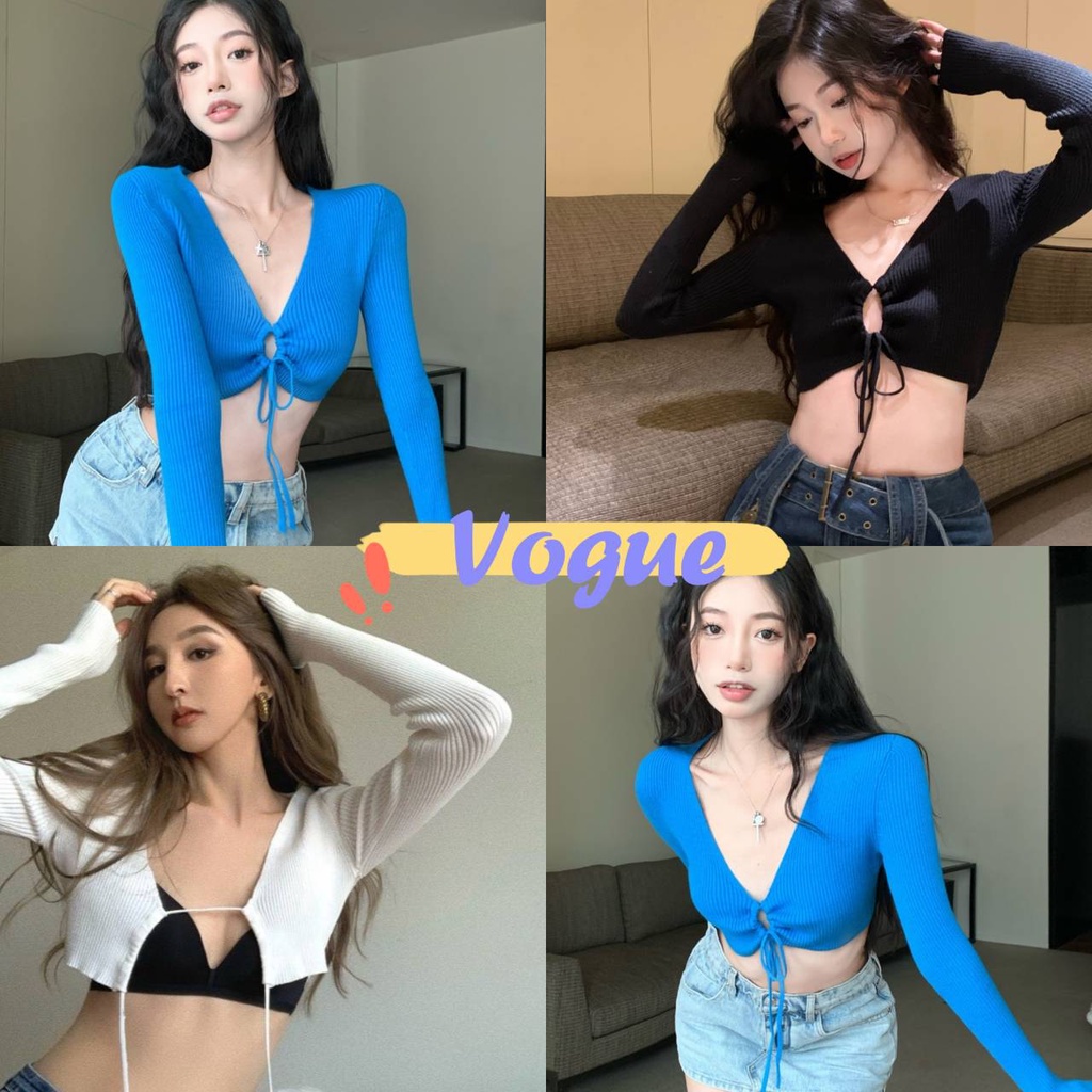 Vogue​🌟​พร้อมส่ง​🌟 เสื้อไหมพรมแขนยาว ดีเทลเว้าหน้า เก๋มากกำลังมา (12345) -C