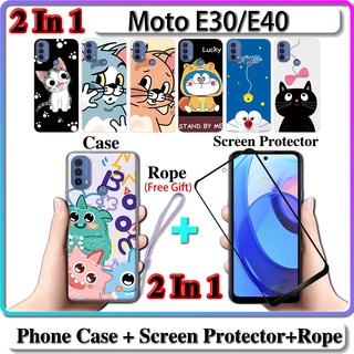 2 IN 1 เคส Motorola Moto E30 E40 พร้อมกระจกนิรภัยกันรอยหน้าจอโค้ง เซรามิค ลายแมวและโดราเอมอน