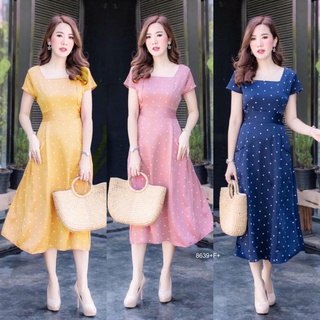 👗Pfashion [ส่งไว!!🚛] P8639 เดรสคอเหลี่ยมลายจุดผูกเอว Square neck polka dot tie waist dress