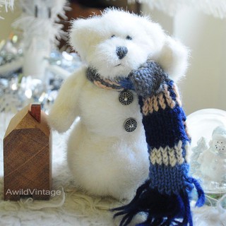 ตุ๊กตาของเล่นของตกแต่ง วินเทจ ของสะสม Mini Snowman ผ้าพันคอไหมพรมน้ำเงิน 6นิ้ว มือสองสภาพดี