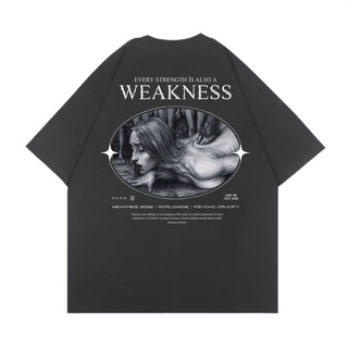 เสื้อยืด ขนาดใหญ่ พิมพ์ลาย Psycho Crucify "Weakness" | สีเทาเข้ม | เสื้อยืด ขนาดใหญ่ | สไตล์วินเทจ | เสื้อท็อปสามารถปรับ