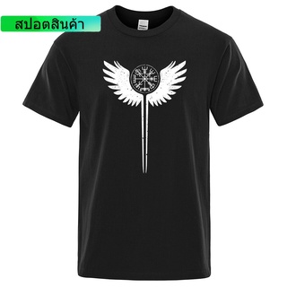 เสื้อยืดลําลอง ผ้าฝ้าย แขนสั้น พิมพ์ลาย Valkyrie Symbol Vegvisir Odin Wings Vikings Asgard ทรงหลวม แฟชั่นฤดูร้อน สําหรับ