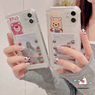 เคสโทรศัพท์มือถือแบบใส กันกระแทก ลายการ์ตูนหมีพูห์ พร้อมช่องใส่บัตร สําหรับ iPhone 11 12 13 14 Pro MAX XR X XS MAX 6 6s 7 8 Plus SE 2020