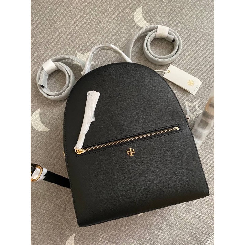 (ผ่อน0%) กระเป๋า เป้ สีดำ Tory Burch Women\'s Emerson (55487) Saffiano Leather Medium Backpack Bag [Black] หนังแท้