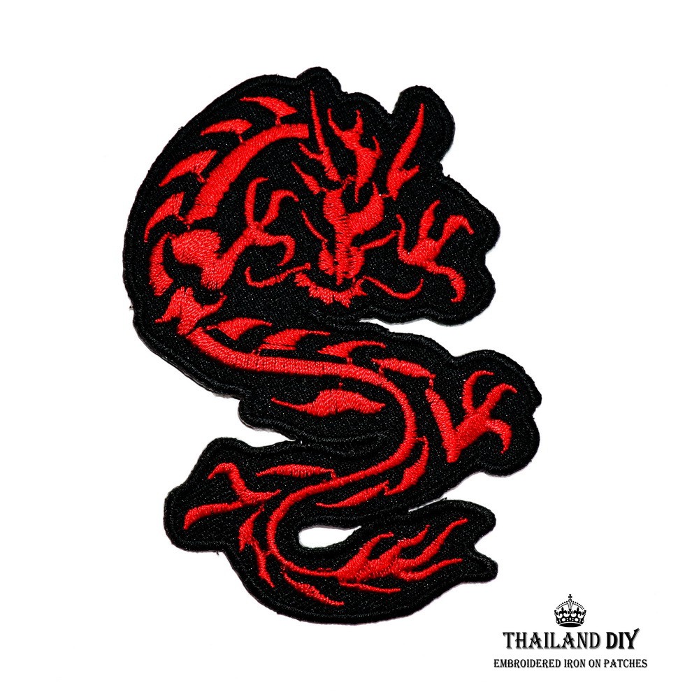 [ ตัวรีดติดเสื้อ ลาย มังกร สีแดง ] Red Dragon tattoo Patch งานปัก ลายสัก DIY ตัวรีดสัตว์ ตัวรีด เสื้