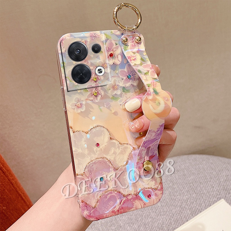 เคสโทรศัพท์มือถือ OPPO Reno 8 8Z 8Pro 7 7Z 7Pro 6 6Z 6Pro 5G 4G Smartphone Case Shiny Bling Softcase with Wristband + Rope Strap Flower Phone Cell Casing Girl's Back Cover Reno8 Reno7 Reno6 Z Pro