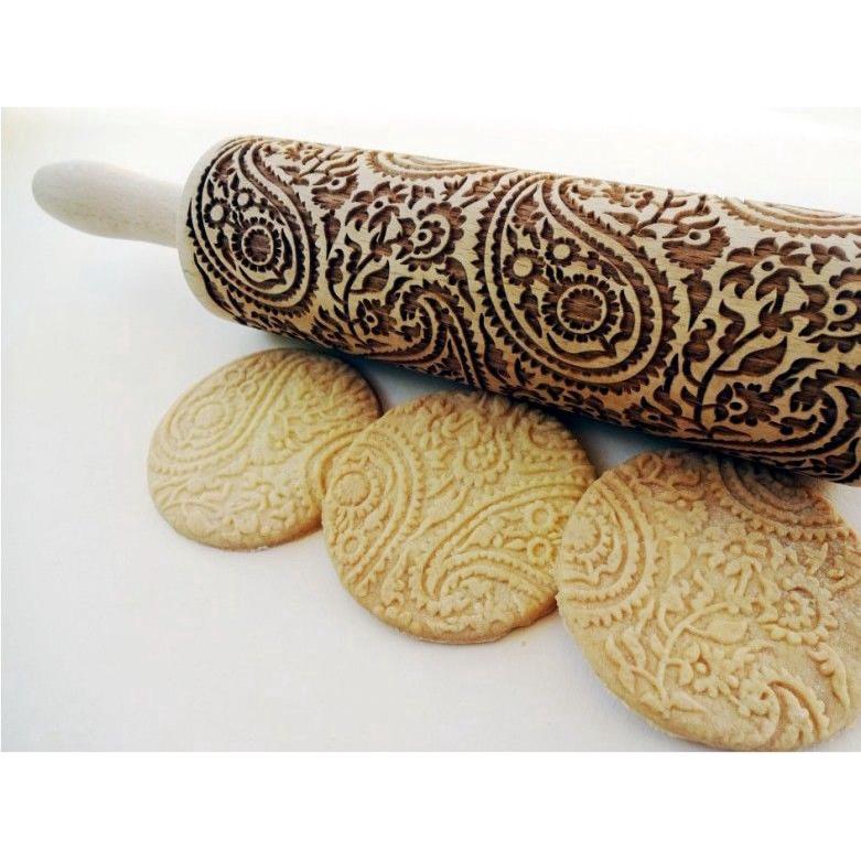 Wooden Paisley Floral Christmas Rolling Pin Engraved Rolling Pin Embossed