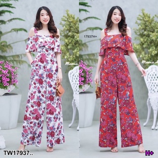 J17937 จั๊มสูทขายาว สายเดี่ยวระบายเปิดไหล่ พิมพ์ลายกราฟฟิก Long-sleeved jumpsuit with open shoulder straps Graphic print