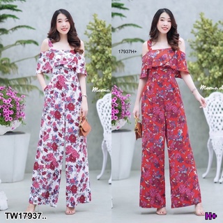 MF17937  Jumpsuit ชุดจั้มสูทสายเดี่ยวระบายเปิดไหล่ลายดอก  มีกระเป๋าล้วงข้าง ซิปซ่อนด้านหลัง มีโบว์เส้นเล็กผูกเอว มีซัปใน