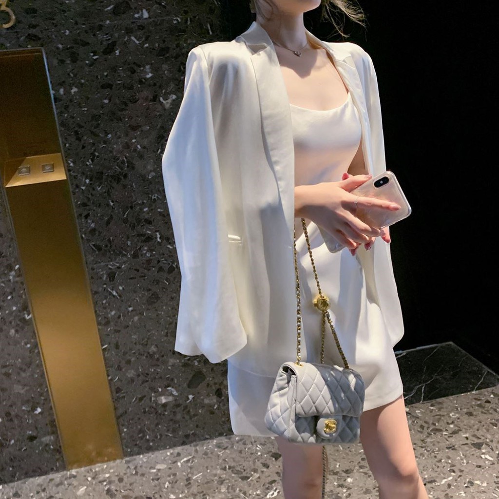 White Acetate Satin Slim Small Suit Jacket Female Temperament Casual Thin High End All Match