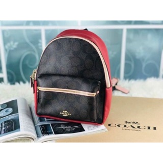 MINI CHARLIE BACKPACK IN COLORBLOCK SIGNATURE CANVAS (COACH F68094) BROWN BLACK/PINK MULTI/IMITATION GOLD