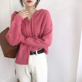 เสื้อไหมพรมมีฮู้ดสีพื้นเสื้อแขนยาวกันหนาวเสื้อแฟชั่นผู้หญิงสไตล์เกาหลีใส่สบาย