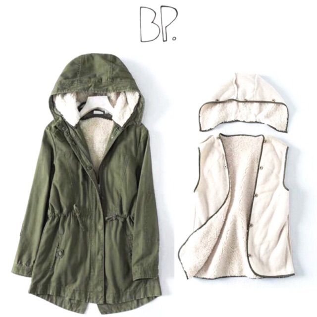 เสื้อคลุมฮู้ด กันหนาว เขียวทหาร  เสื้อปาร์กา ⚜️แบรนด์💢BP. Clothing💢 ซับขนอุ่นสีครีม ถอดได้ทั้งตัวค่ะ