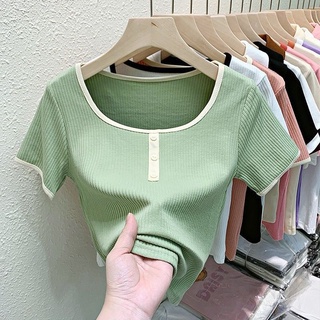 สินค้าใหม่ เสื้อยืดแขนสั้น คอสี่เหลี่ยม เข้ารูป สีเขียว สีแคนดี้ แฟชั่นสําหรับผู้หญิง