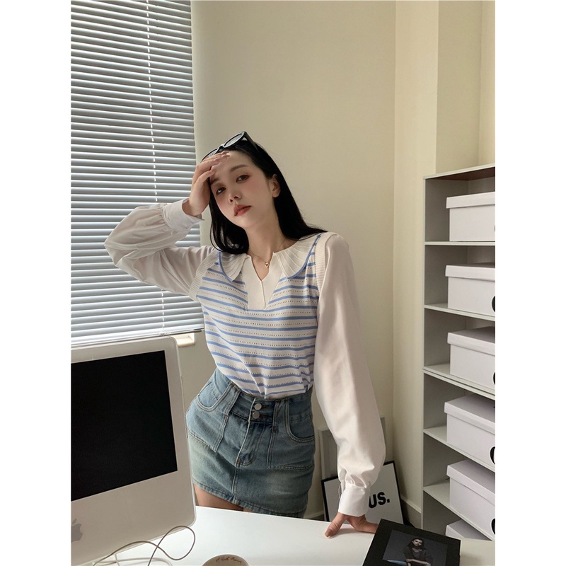 Elves✨พร้อมส่ง✨ เสื้อไหมพรมคอปกแขนยาวชีฟอง ดีเทลลายทางน่ารักคิ้วมาก ~50055-1~