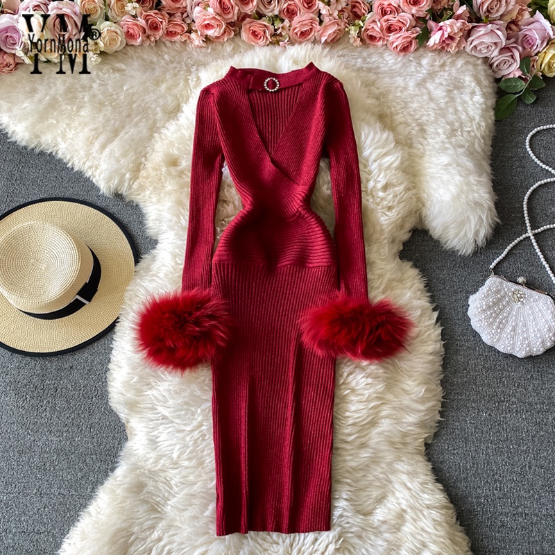 YornMona Autumn Winter Women Shining Knitted Sweater Dress Sexy Hollow Out V-neck Halter Bodycon Dress Red Christmas Par