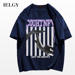 Ielgy เสื้อยืด แขนสั้น ผ้าฝ้าย สไตล์ฮิปฮอป สตรีท สําหรับผู้ชาย