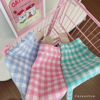 vasaa_shop -  Gingham Knitted skirt" กระโปรงผ้าไหมพรม ลาย scotโทนสีพาสเทล เนื้อผ้า ทอนุ่ม ใส่สบาย ไม่คัน น่ารักสุดๆ