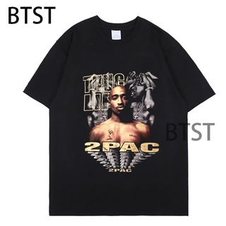 Fashion2021 ใหม่ 2pac แร็พเสื้อยืดพิมพ์ O-Neck แขนสั้นแขนสั้นผู้ชายปกติท็อปส์ซูฮิปฮอปเสื้อยืดสี )Y@