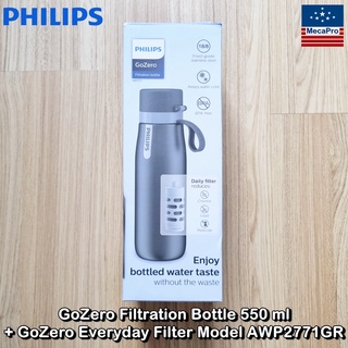 Philips® GoZero Filtration Bottle 550 ml + GoZero Everyday Filter Model AWP2771GR ฟิลิปส์ ขวดน้ำสแตนเลส + ไส้กรอง