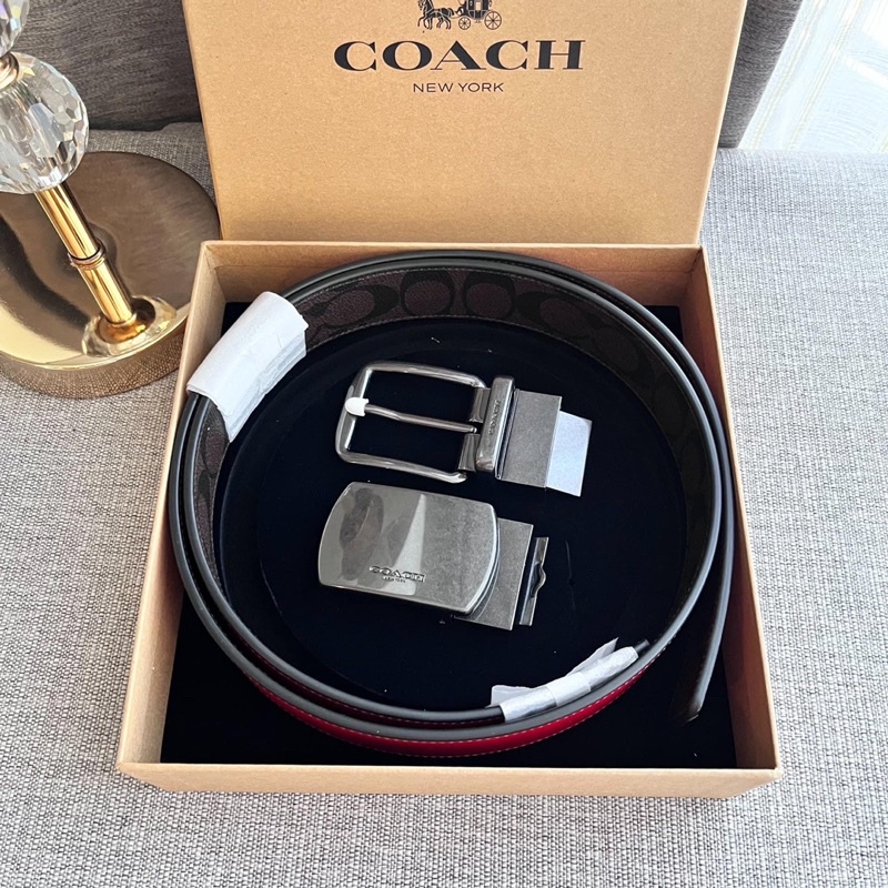 พร้อมส่ง แท้ New Coach เข็มขัดใหญ่ สีน้ำตาลแดง BOXED PLAQUE AND HARNESS ...