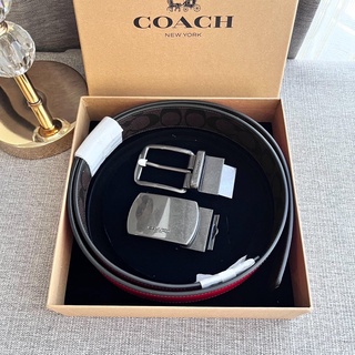 พร้อมส่ง แท้ 🇺🇸💯% New Coach เข็มขัดใหญ่ สีน้ำตาล/แดง  BOXED PLAQUE AND HARNESS BUCKLE CUT TO SIZE REVERSIBLE BELT C6812