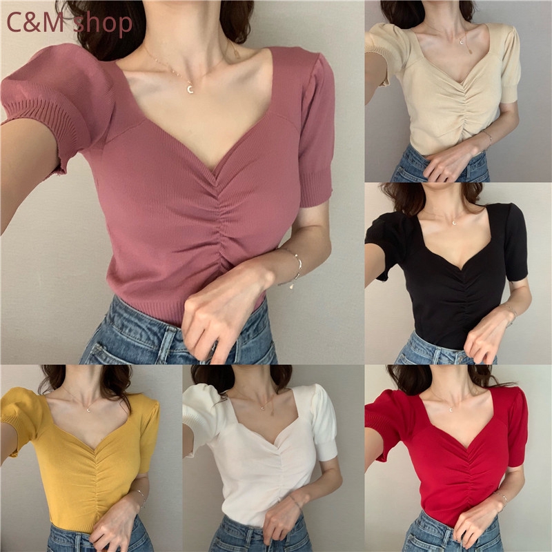 C&M S เสื้อยืดเรโทร แขนสั้น คอวี