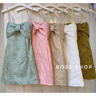 💕Minidress สายเดี่ยว สายมุก ผ้าวิ้งลายดอกแต่งโบว์ 🎀🎀หน้า เพิ่มความหรูหรา