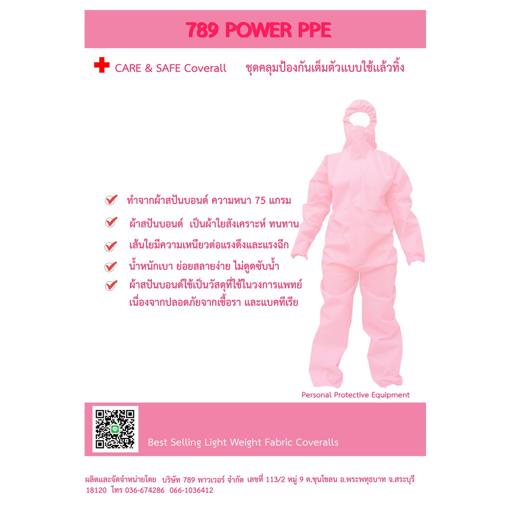 พร้อมส่ง ชุด PPE  สีชมพู หนา 75 เเกรม ผ้าสปันบอนด์สะท้อนน้ำ