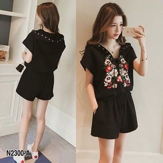 Set 2 ชิ้น เสื้อแขนสั้นปักลายดอกไม้+กางเกงขาสั้น