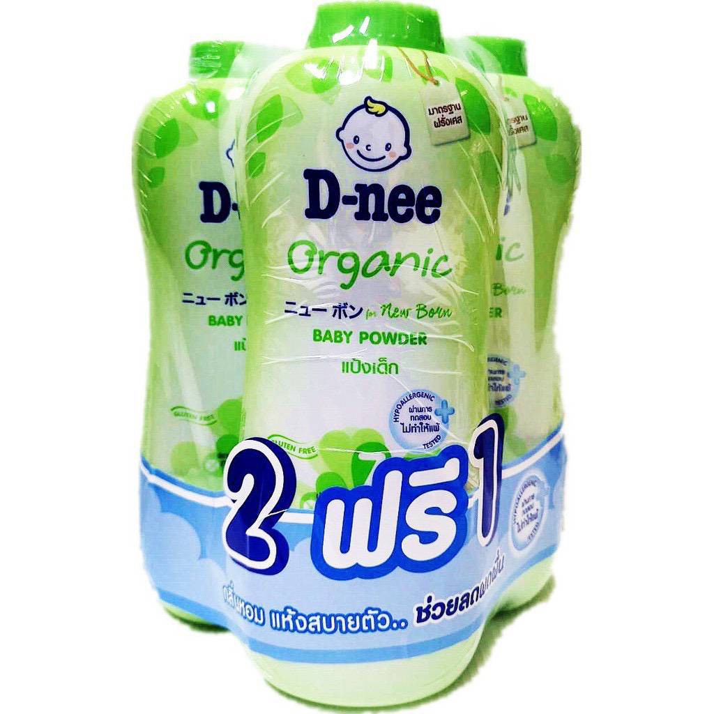 ◘▤(เเพ็ค 2+1) D-nee ดีนี่ ผลิตภัณฑ์แป้งสำหรับเด็ก สูตร ออร์แกนิค  สีเขียว ขนาด 380 กรัม.