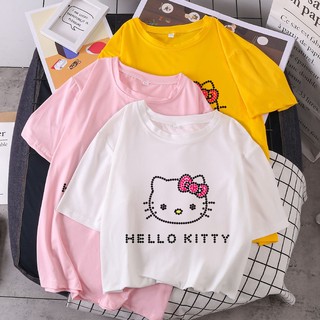 [ราคาถูกที่สุด] รูปแบบใหม่ ลายการ์ตูนน่ารัก Hello Kitty แขนสั้น เสื้อยืด  M~3XL  9สี