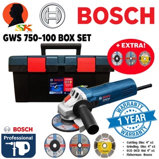 เครื่องเจียร์ไฟฟ้า งานหนัก กำลัง 750วัตต์ ขนาดใบ 4นิ้ว BOSCH รุ่น GWS 750-100 BOX SET + กล่องเครื่องมืออุปกรณ์ครบชุด