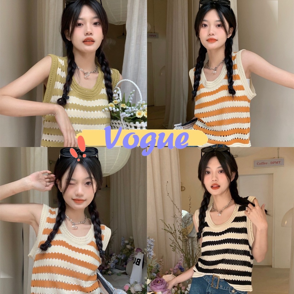 Vogue​ ​พร้อมส่ง เสื้อกล้ามถักไหมพรมแขนสั้น ดีเทลลายทางน่ารักคิ้วๆ (22021)