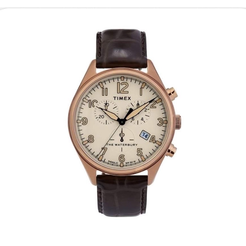 Timex Men's Watch Waterbury Quartz Chrono Tan Dial Brown Leather Strap TW2R88300 นาฬิกา​ ( มือ​1 )​ แกะ​กล่อง