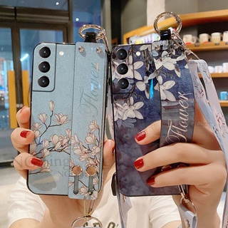 เคสโทรศัพท์มือถือ ลายดอกแมกโนเลีย แต่งกลิตเตอร์ พร้อมสายคล้องมือ สําหรับ Samsung Galaxy S21 FE 5G
