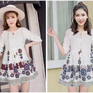 มินิเดรสลายดอกไม้งานสไตล์โคเรียดีไซน่ารักแต่งแขนฟองๆ แต่งโบว์ที่คอเสื้อ